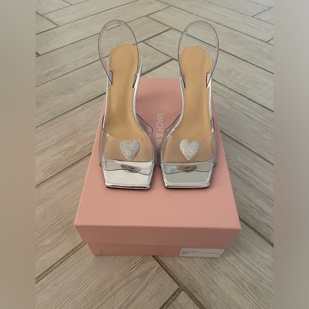 MACH & MACH Pvc Crystal Heart Square Toe Sandal Heel - 95MM
